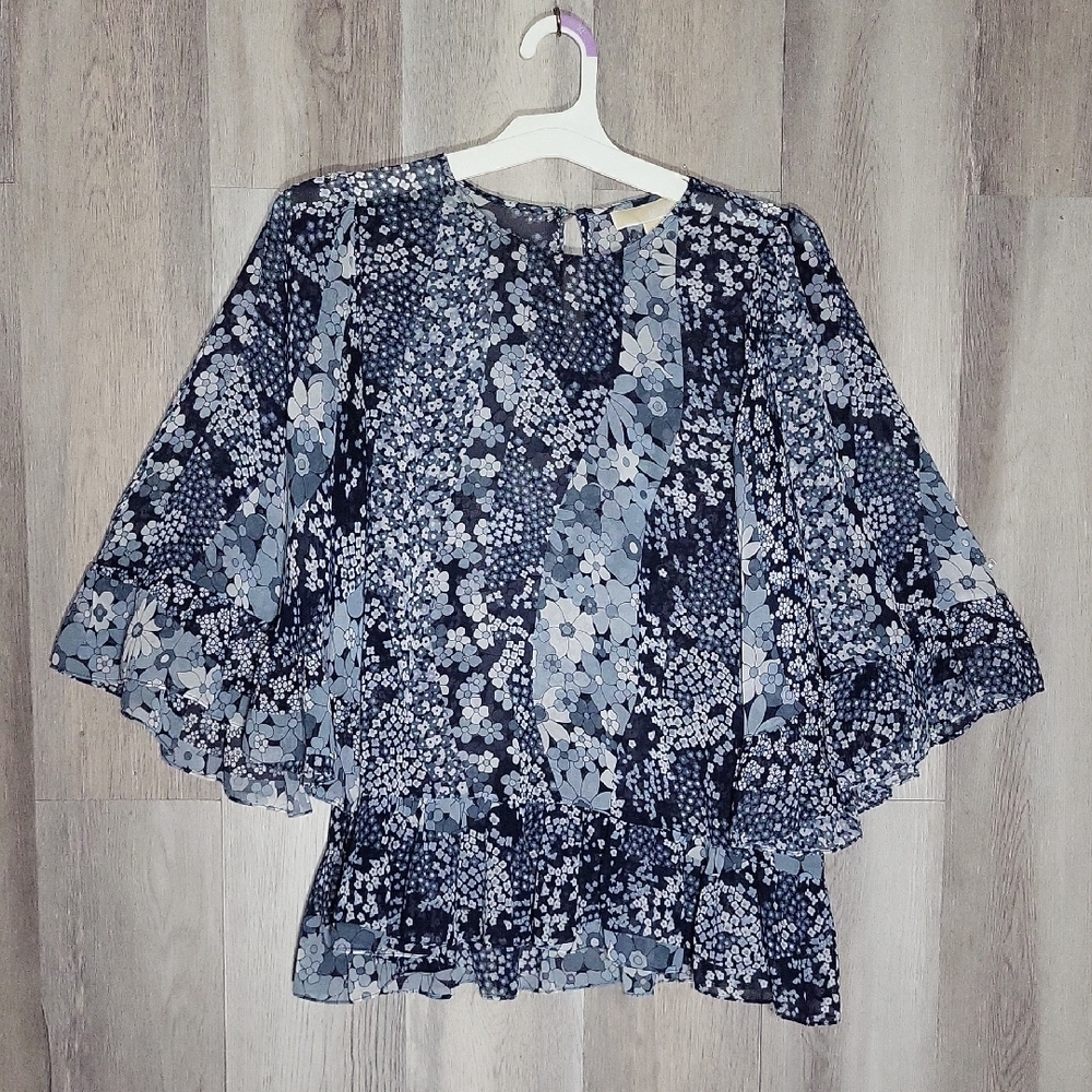 Michael Kors Womens Medium Floral Sheer Overlay‎ 3/4 Bell Sleeve Ruffle Keyhole